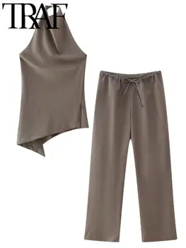 Асиметрични дамски модни Обикновена брючные костюми Ежедневни Тънки Тениски без ръкав, с кръгло деколте Mujer 2023 Есен