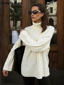 Обикновен вязаный пуловер с висока воротом, модерен случайни свободен пуловер с дълъг ръкав, зимни джъмпери за улични дама 2023 година.