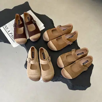 2023, Пролетни обувки Мери Джейн от волска кожа, велур, на равна подметка в ретро стил за жени и момичета, сладки обувки на равна подметка в стил Mori Момичета с кръгла пръсти, обувки от естествена кожа