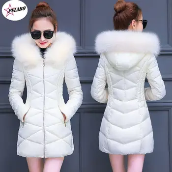Корейската мода Тънък памучен яке PULABO, универсален памук жена топ средна дължина, Дамско палто с голям кожа яка, Зимно