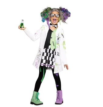 Висококачествен детски професионален cosplay Crazy scientist, бял костюм с перука, костюм за Хелоуин за бебето