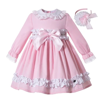 Pettgirl 2023 Зимни Нови розови рокли на принцеси за момичета с лента за коса Детски облекла на възраст от 2 до 12 години