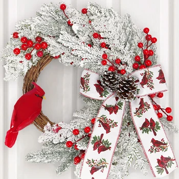 Изкуствен Коледен венец, коледен венец за входната врата, със собствените си ръце, червени плодове и счупване на птица, коледна украса за улици и на закрито