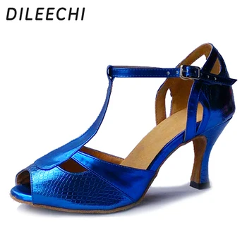 Обувки за латино танци DILEECHI, професионална дамски обувки за квадратен танци за възрастни, обувки за танци балната зала, синя изкуствена кожа