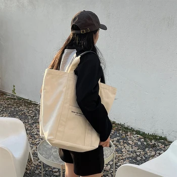 Голяма холщовая чанта-тоут, чанта през рамо с писмото принтом, универсална чанта за компютър