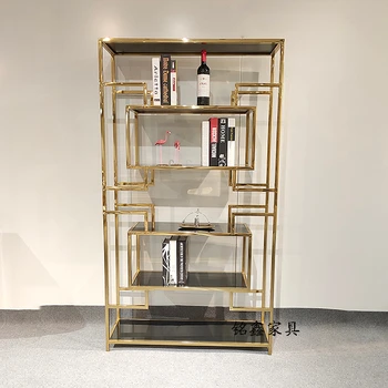 Лека луксозна модерна bookshelf от неръждаема стомана, библиотека, домашна подови полк, творчески стъклен вино багажник, метална витрина