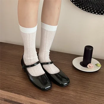 Дамски мрежести Корейски Прозрачни Къси чорапи Harajuku до глезена на крака, Черни, Бели Училищни чорапогащи до коляното за момичета, JK, Японски стил, Черни, Бели Училищни чорапогащи до коляното