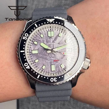 Мъжки часовник Tandorio NH35A с сапфирено стъкло 41 мм, автоматично за гмуркане, циферблат с метеоритным модел, 20 бар, светещ индициране на датата, корона.