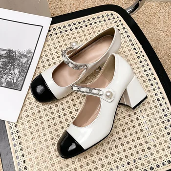 Лаконичен реколта обувки Mary Jane, с перли и ключалката на масивна ток, черно-бели обувки с цветни блокчета и кръг пръсти.