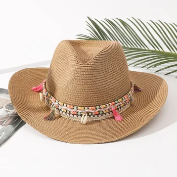 Жени розов пискюл ковбойская шапка флопи плаж шапки летни сламени шапки женски UV защита шапка Панама шапка от Слънцето плажна сламена шапка