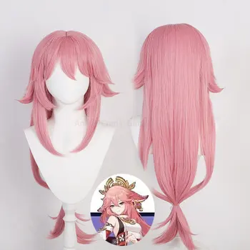 Перука за cosplay Genshin Impact Yae Miko с имитация на скалпа, розово, дължина 80 см, предварително създадена мрежа за коса във формата на рози, шапка, без перуката