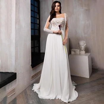 Сватбена рокля в стил Бохо с геометричен деколте и дълги ръкави, Шифон, изработена по поръчка, 2022, големи размери, Кристални четката, овалния силует, сватбени рокли Трапецовидна форма