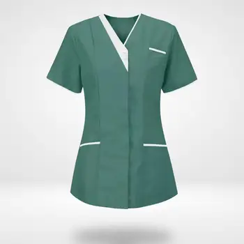Больничная униформи за медицински сестри, жена топ с къс ръкав и V-образно деколте дамски медицински униформи, джобове с V-образно деколте, Работна форма за медицински сестри