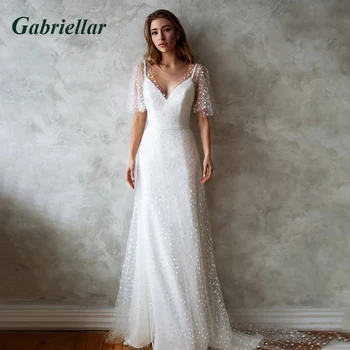 Очарователно сватбена рокля Gabriellar За жени от тюл на точки с V-образно деколте и влак с цип с отворен гръб На поръчка