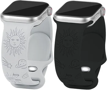 Съвместим с каишка на Apple Watch 42 мм 44 мм 45 мм, женски каишка за часовник с гравиран Sun Star за iWatch Серия SE 7 6 5 4 3 2 1