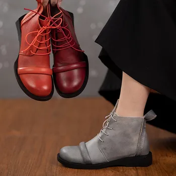 Къси ботуши Johnature от естествена кожа, есен/зима 2024, Нова воловья кожа, удобна мека подметка, универсална дамски обувки в стил ретро