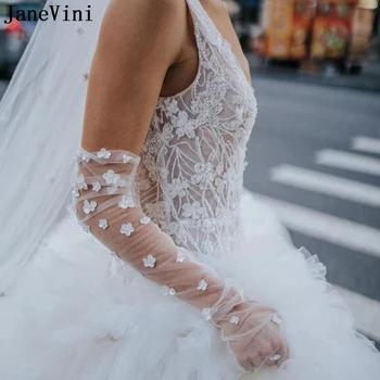 JaneVini Секси прозрачни ръкавици за булката С перли и цветя, Прозрачен тюл за младоженци, Сватбени ръкавици с дължина до лакътя, Прозрачни ръкавици