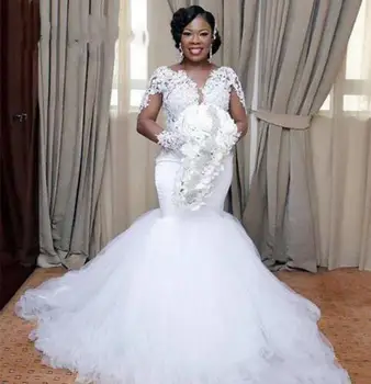 Бяло Африкански Нигерийски рокля на Русалка с дълъг ръкав И дантела, Големи Размери, Сватбени рокли за Младоженци, Вечерен Халат на Булката