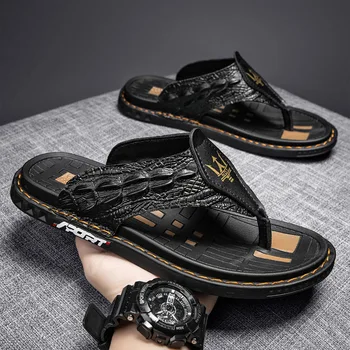 Чехли ръчно изработени чехли от крокодилска кожа, 2023 Лятна мъжки ежедневни обувки, нескользящая градинска мъжки плажни обувки, Кожени сандали
