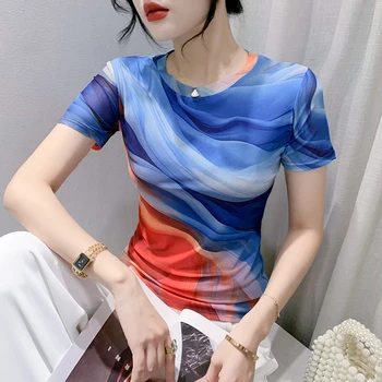 2023 Лятна Тениска с къси ръкави и принтом от мрежа от бръчки, Оборудвана Жена Топ, Модни Дамски Облекла, Тениски Ropa De Mujer, Корея