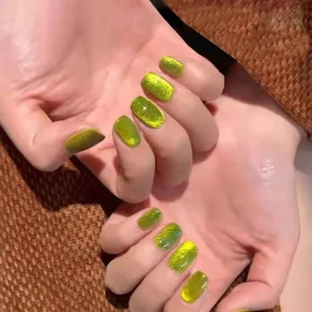 Кликнете Върху Къси Квадратни Режийни Ноктите Блясък Aurora Fashion Изкуствени Нокти-арт Поставили в Ноктите Зелени Кошачьими Очи Режийни Ноктите Типсы За Нокти
