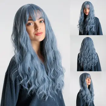 Синя перука от высокотемпературного влакна с дълга ликвидация бретон, женски перука за cosplay