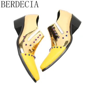 Модни мъжки обувки без обков с цветни нитове, вечерни обувки в стил мозайка с остри пръсти от жълто злато жълт цвят на поръчка за мъже
