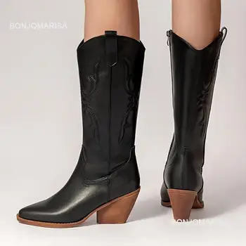 Дамски каубойски ботуши с бродерия BONJOMARISA, однотонная цип отстрани, удобни обувки Western Cowgirls, обувки за почивка до средата на прасците
