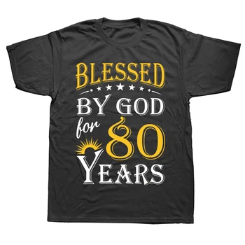 Реколта Тениски Blessed By God for 80 Години Happy 80th Birthday с Графичен Дизайн, Памучен Градинска Дрехи, Лятна Тениска с къс Ръкав За Мъже