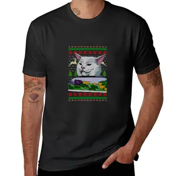 Жена крещи на котка, Коледен грозен пуловер, тениска, забавна тениска, изработена по поръчка на тениска, графична тениска, мъжки обикновена тениска