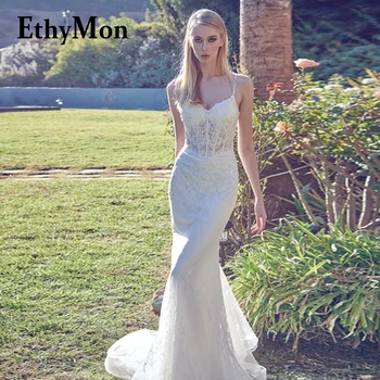 Ethymon Модерни сватбени рокли за булки с V-образно деколте, дантелени апликации, набори, бродирани с пайети, Празнична рокля без гръб На поръчка