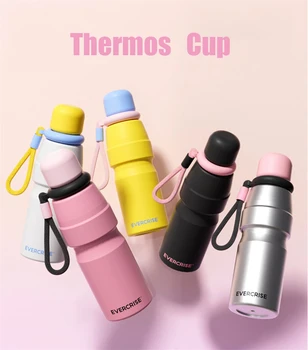 Модерен обикновен термос с обем 600 ml от неръждаема стомана, изолирующая чаша с голям капацитет за момичета, Практически преносима бутилка за топли и студени напитки.