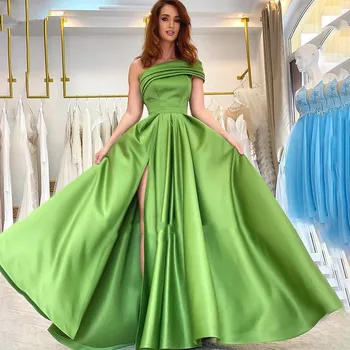 Секси Зелена атласное вечерна рокля трапецовидна форма с едно рамо, сшитое за поръчка, с Дълги вечерни рокли с дължина до пода 2023 г.
