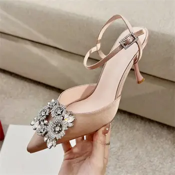 Летни Сандали 2024 г.; Модни дамски обувки с остър пръсти; Ежедневни обувки от естествена кожа с украса във вид на кристали; Дамски обувки Sapato Feminino; Размер диапазон 34-40