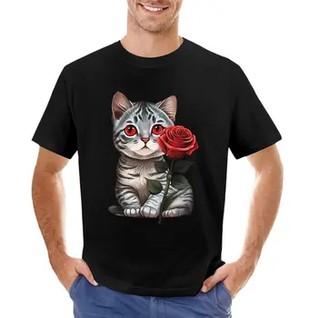 Тениска с хубав раиран котка и роза, мъжки ризи, реколта тениски, черни тениски за мъже