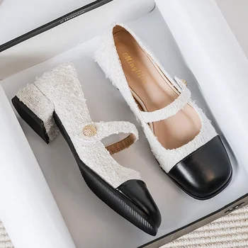 дамски обувки mary janes от лъскав плат и кожа в стил мозайка 2023, дизайнерски обувки-лодка с квадратни пръсти и каишка на щиколотке, обувки на среден ток от твида tacones