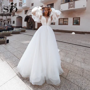 Сватбени рокли SoDigne Bohemia Принцеса с ръкави-фенерчета и V-образно деколте, сватбени рокли трапецовидна форма с аппликацией, тюлевое на булката рокля с отворен гръб