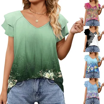 Дамски летни модни блузи с къс ръкав и набори, тениски с V-образно деколте, ежедневни свободни блузи с дълбоко V-образно деколте и дълъг ръкав