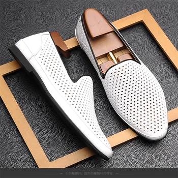 Летни обувки от дишаща естествена кожа с перфорации, корейската версия на двойки бизнес ежедневните бели обувки с остри