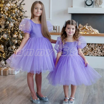 Yipeisha Сладко лавандуловото рокля с цветя модел за момичета, с къс ръкав, пищни детско празнична рокля на Коледа, рокли за рожден Ден