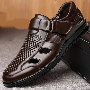 Летни Мъжки кожени сандали, Модерен бизнес обувки с кръгло бомбе, мъжки Ежедневни черни обувки, Римски Сандали, Chaussure Homme
