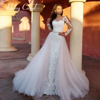 Сватбена рокля Русалка Ашли Карол 2023, Дълъг ръкав, Подвижна панделка, апликации, Луксозна сватбена рокля 2 В 1, Vestidos De Новия