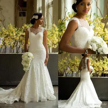 Африканска булката Дантелено Сватбена рокля-русалка без ръкави, с апликации, рокля за параклис, сватбени рокли Vestidos De Новия