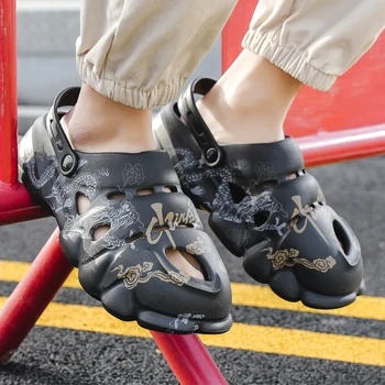 Мъжки чехли сабо на платформата, нови летни дишащи сандали със затворени пръсти 2023 година за мъже, ежедневни плажната обувки, нескользящие мъжки чехли за баня