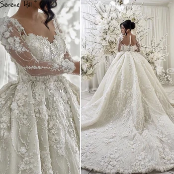 Сватбена рокля SERENE HILL Бяла, с дълги ръкави и цветове ръчно изработени 2024 Дубай, Винтажное елегантна сватбена рокля на принцеса с V-образно деколте, CHA2263