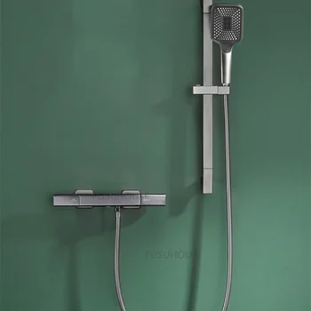 Модерни месингови смесители за душ, комплект за баня, Black shower, Творчески Изчистен Сив смесител за душ с компресор