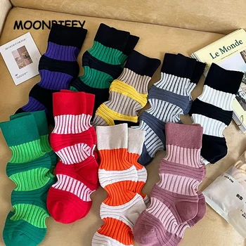 Нагънат шарени чорапи със средна дължина, дамски чорапи-фенери в контрастен цвят с двойна игла, трендови цветни памучни чорапи марка Tide, ниша, чорапи марка Tide