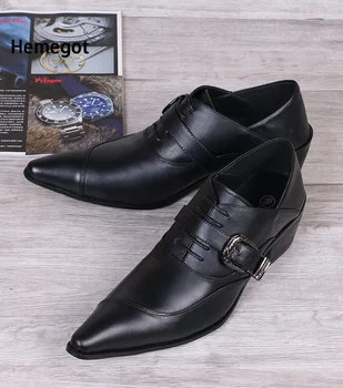 Мъжки кожени обувки с остър пръсти и черна завързана катарама, ежедневни обувки за младежки фризьор, Дишащи обувки от естествена кожа