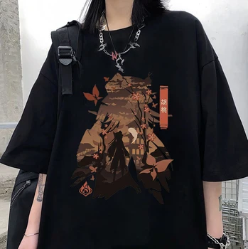 Тениски Hu Tao Genshin Impact, дамски тениски с образа на манга в японски стил, облекло оверсайз, черна градинска дрехи, лятна тениска с къс ръкав