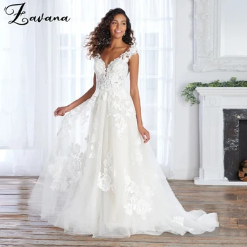Zavana Атрактивни Сватбени рокли с къс ръкав и апликации, V-образно деколте без облегалка, струята Vestido De Casamento, Направени по поръчка